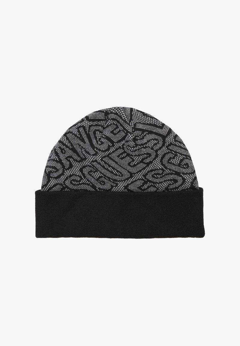 Berretto nero con motivo grigio testurizzato. Realizzato in morbido materiale lavorato a maglia con risvolto. Design con scritta audace che copre la parte superiore.