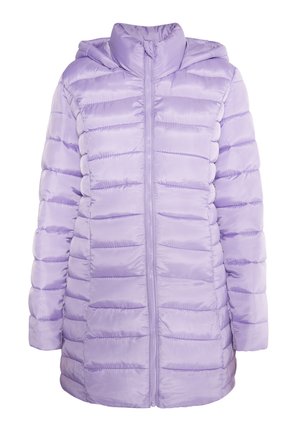 Giacca puffer viola con cappuccio, caratterizzata da texture trapuntata, chiusura con zip a tutta lunghezza e un tessuto leggero e lucido.