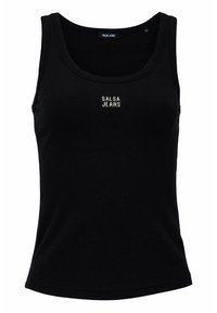 Top de tirantes negro con canalé, escote redondo y el logo de SASA JEANS sutilmente bordado en plata en la parte frontal.