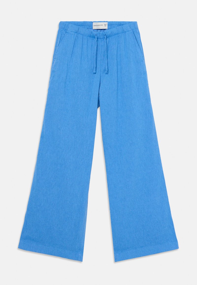 Blue lightweight, wide-leg pants with an elastic waistband and drawstring. Features two side pockets and a soft, textured finish.