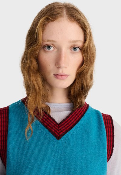 Jeune femme aux cheveux roux ondulés portant un gilet bleu par-dessus une chemise à carreaux rouge et noire, regardant directement l'objectif sur un fond blanc.