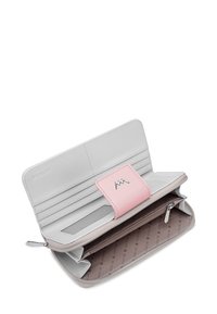 Light gray wallet with a pink clasp, featuring card slots and a zippered compartment. Smooth leather texture with subtle interior pattern.