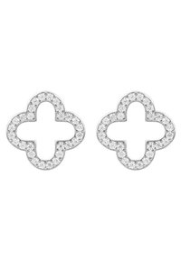 Orecchini in argento dal design a forma di croce, circondati da strass trasparenti. Texture liscia con una finitura lucida e un'estetica moderna.