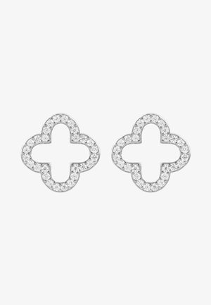 Orecchini in argento dal design a forma di croce, circondati da strass trasparenti. Texture liscia con una finitura lucida e un'estetica moderna.