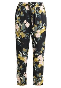Pantalones florales negros con cintura ajustable. Presentan un patrón floral multicolor con flores rosas y amarillas y hojas verdes. Tejido ligero.