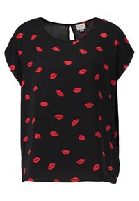 Black blouse made of lightweight fabric, featuring a loose fit and a repeated pattern of red lip prints. Round neckline with a back button closure.