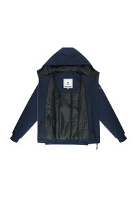 Marineblå jakke med hette, med svart fôr, glidelås lukking og en lomme inni. Glatt stoff med matt finish.