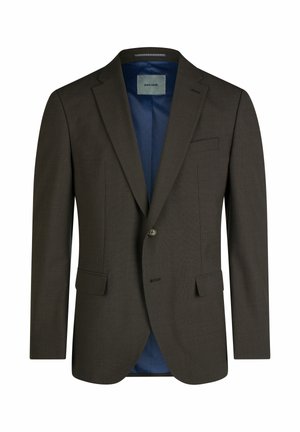 Bruine op maat gemaakte blazer met een gelapte revers, twee voorkanten zakken en een enkele knoopsluitingen; gevoerd met blauwe stof aan de binnenkant.