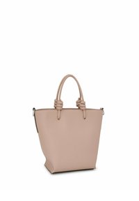 Bolso tote de cuero vegano de color rosa claro con dos asas cortas, forma estructurada y textura suave. Presenta adornos anudados en las asas.