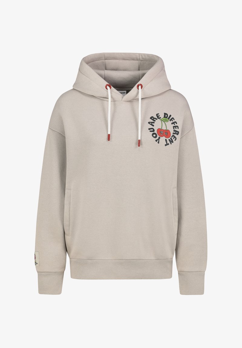 Hoodie in hellbeige mit roten Akzenten an den Kordeln, einer Vordertasche und einem grafischen Druck mit Kirschen und dem Text "DU BIST ANDERS."