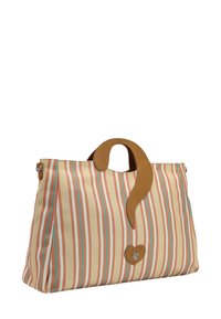 Borsa a tracolla a righe in crema, rosa e blu; realizzata in tessuto con manico in pelle e accentuata da un logo a forma di cuore.