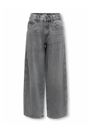 Grijze denim jeans met hoge taille, brede pijpen, vooraan knoop- en ritssluiting, riemlussen en voorzakken.