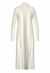 Długi, otwarty kardigan w kolorze białym, z prążkowaną teksturą, długimi rękawami i dwoma przednimi kieszeniami. Miękki, dzianinowy materiał.