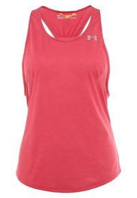 Débardeur de sport rouge corail pour femme avec dos nageur et logo Under Armour sur la poitrine.