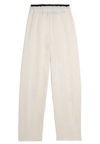 Pantaloni a gamba larga in morbido tessuto crema, con vita elastica nera, cuciture minime e una texture liscia e opaca.