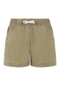 Pantaloni corti beige realizzati in tessuto testurizzato, caratterizzati da una vita elastica con un laccio bianco e due tasche laterali.