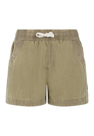 Khakifarbene Shorts aus strukturiertem Stoff, mit einem elastischen Bund und einer weißen Kordel, sowie zwei Seitentaschen.