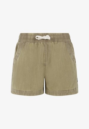 Khakifarbene Shorts aus strukturiertem Stoff, mit einem elastischen Bund und einer weißen Kordel, sowie zwei Seitentaschen.