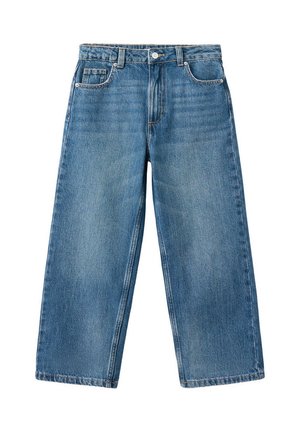 Jean large bleu avec poches avant, passants de ceinture et fermeture par bouton sur fond blanc.