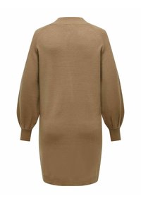 Bruine gebreide jurk met een geribbelde kraag en ballonmouwen. De stof heeft een zachte textuur en een comfortabele pasvorm, waarbij de jurk halverwege de bovenbenen eindigt.