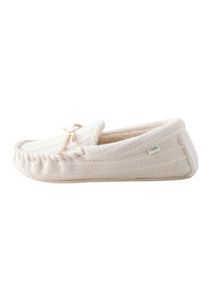 Soft cream-colored moccasin slipper with a small bow on top and a plush interior lining, shown from the side.