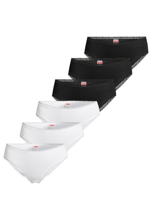 Fem sort-hvide bomuldsunderbukser til kvinder med blonder, arrangeret i vekslende farverækker på en hvid baggrund.