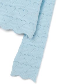 Hellblauer Strickstoff mit Herzmuster, geripptem Textur und gewellten Kanten, der eine detaillierte Handwerkskunst zeigt.