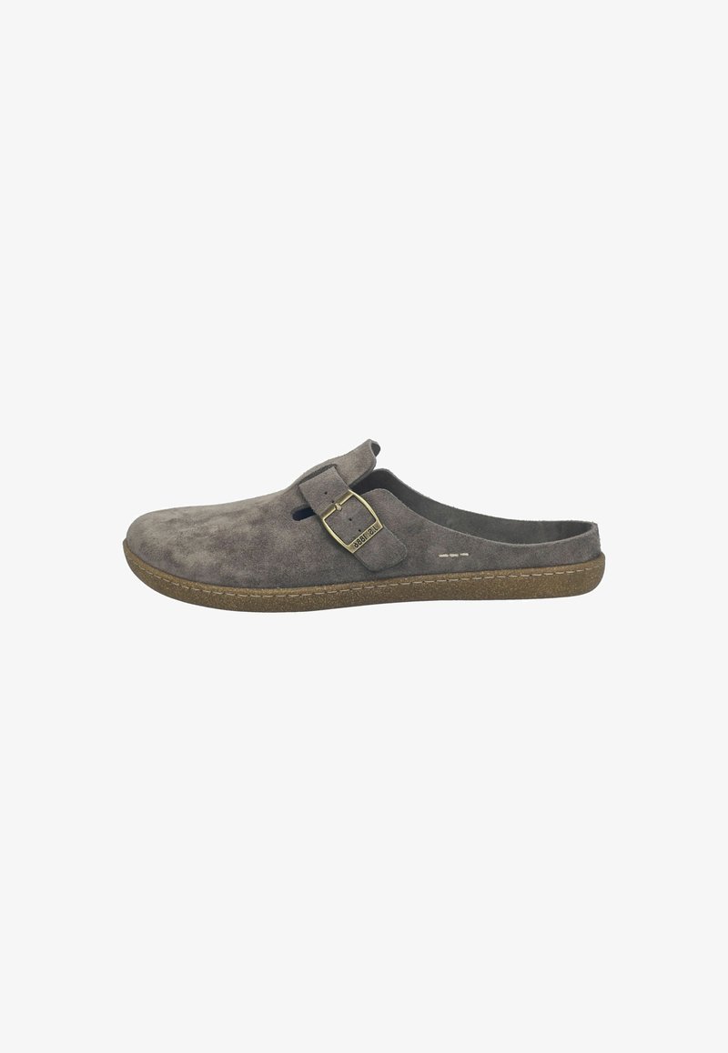 Gray suede slip-on clog with a brown sole and an adjustable buckle strap across the upper side.
