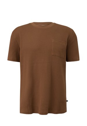 T-shirt marron à manches courtes en maille gaufrée, col rond et poche poitrine, design uni, fabriqué en tissu texturé.