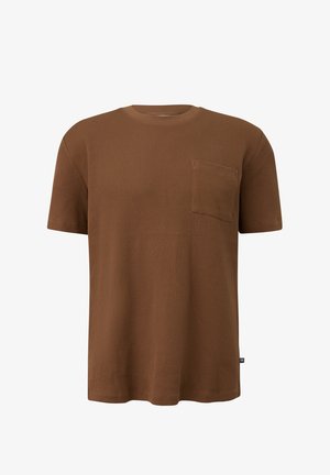 T-shirt marron à manches courtes en maille gaufrée, col rond et poche poitrine, design uni, fabriqué en tissu texturé.