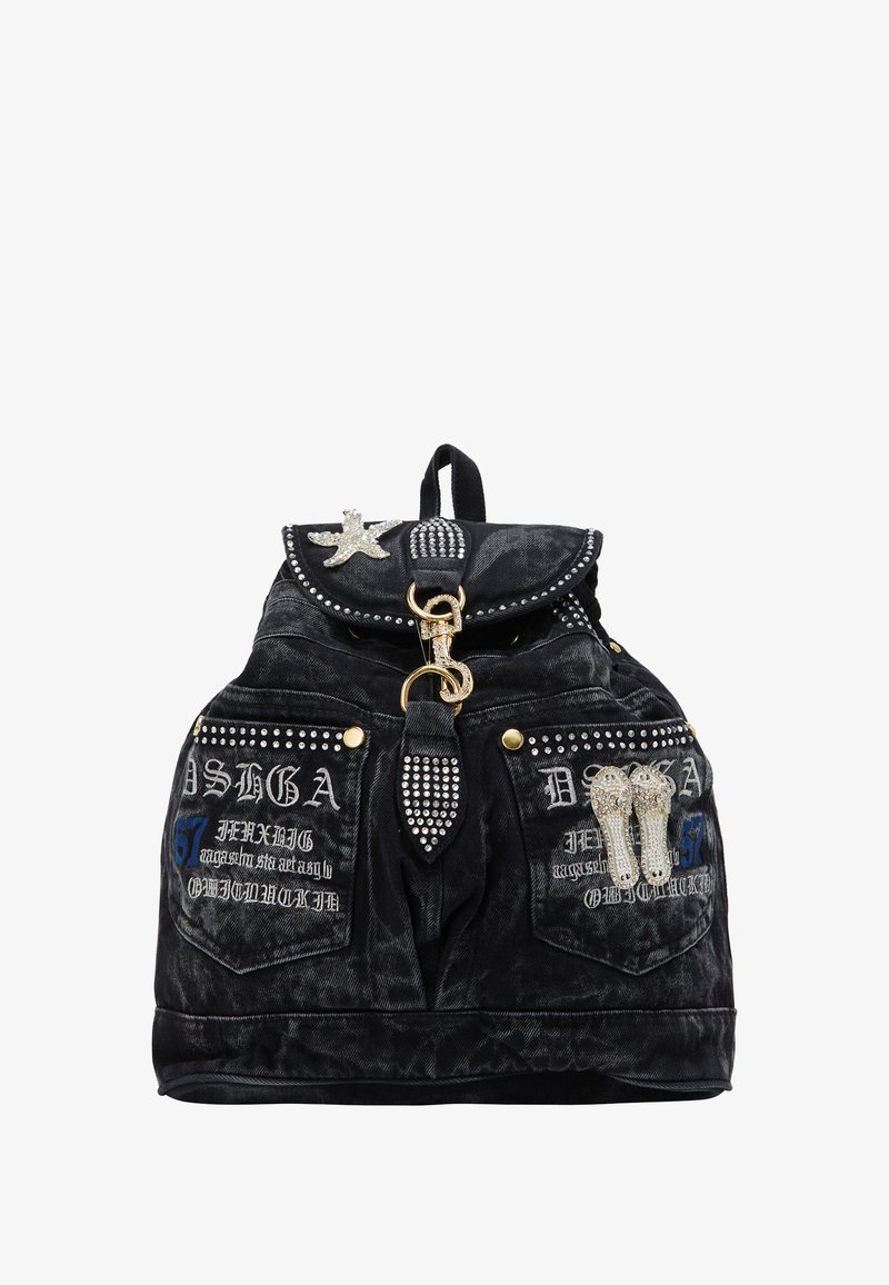 Rucsac din denim negru, cu accente din strasuri, cusături intricate, modele brodate și închidere cu clapeta, decorată cu o stea.