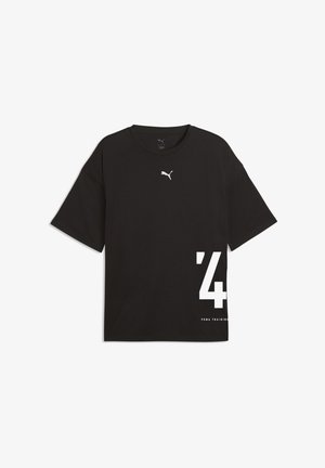 Black short-sleeve t-shirt, made of cotton, featuring a small white Puma logo on the chest and large white '44' design on the side.