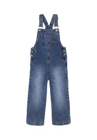 Jeans-Latzhosen in mittlerem Blau. Mit verstellbaren Trägern, Vordertasche und seitlichen Knöpfen. Weite Beine mit gesäumten Kanten.