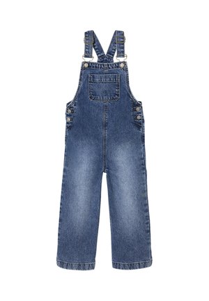 Jeans-Latzhosen in mittlerem Blau. Mit verstellbaren Trägern, Vordertasche und seitlichen Knöpfen. Weite Beine mit gesäumten Kanten.