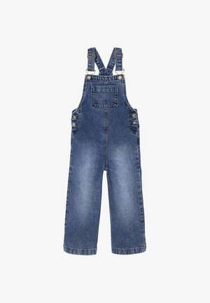 Jeans-Latzhosen in mittlerem Blau. Mit verstellbaren Trägern, Vordertasche und seitlichen Knöpfen. Weite Beine mit gesäumten Kanten.