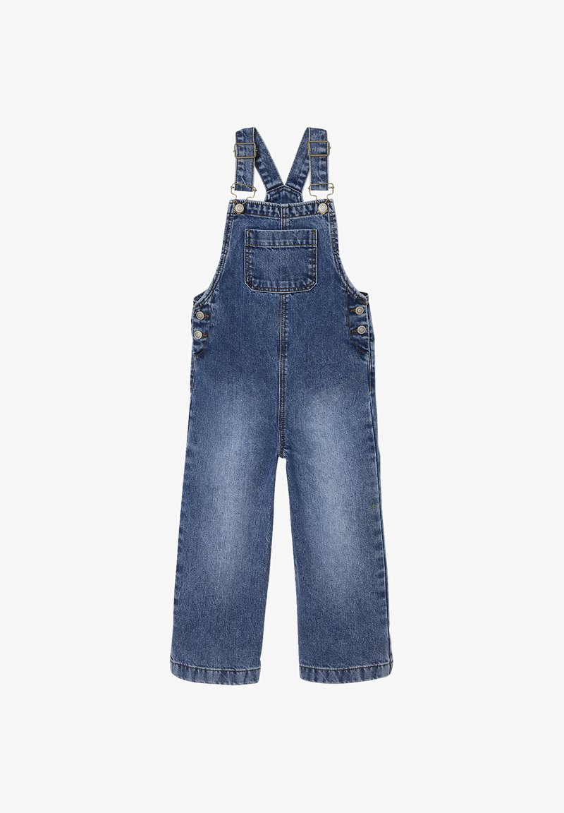 Jeans-Latzhosen in mittlerem Blau. Mit verstellbaren Trägern, Vordertasche und seitlichen Knöpfen. Weite Beine mit gesäumten Kanten.