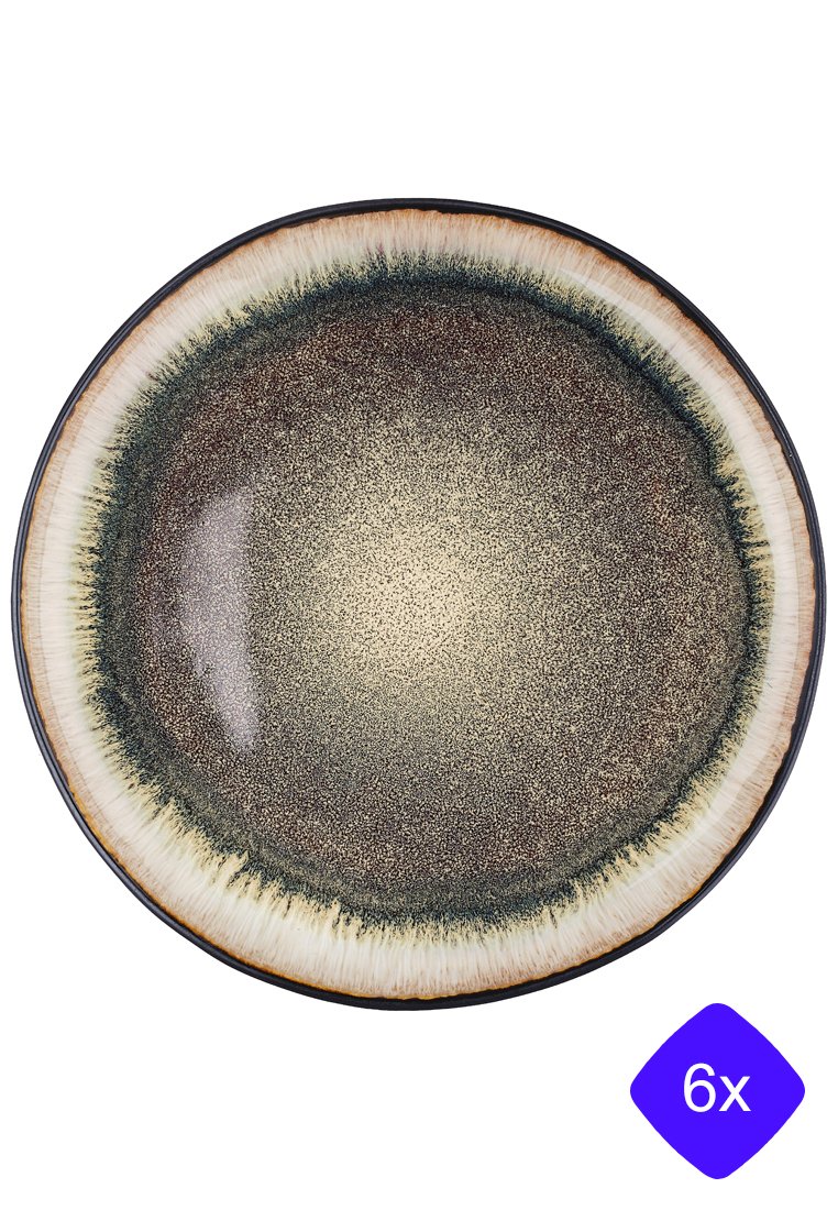Assiette en céramique ronde avec un intérieur texturé marron foncé et un centre doré scintillant. Le bord présente un accent crème et noir. Ensemble de 6.