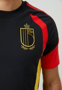 Sort kortærmet trøje med et gyldent broderet våbenskjold, røde og gule detaljer på ærmerne og rund halsudskæring.