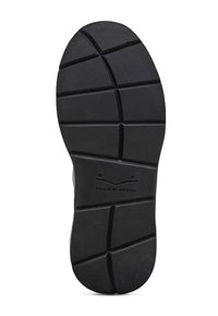 Suola di scarpa in gomma nera con superficie testurizzata, caratterizzata da motivi di battistrada geometrici e logo in rilievo "VOILE BLANCHE" sul tallone.