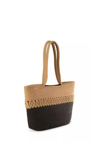 Torebka tote w odcieniach brązowego i czarnego, pleciona, z dwoma uchwytami u góry, charakteryzująca się teksturowanym wzorem oraz żebrowanym akcentem wzdłuż szwu.