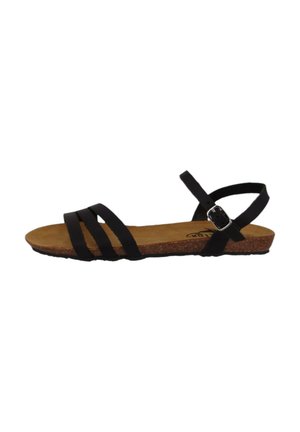 Black sandal with multiple straps, cork footbed, and adjustable buckle. Lightweight design with a flat sole for casual wear.