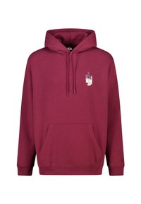 Sweat à capuche bordeaux avec une poche kangourou avant, une capuche à cordon de serrage et un motif graphique blanc sur la poitrine. Tissu doux en mélange de coton.