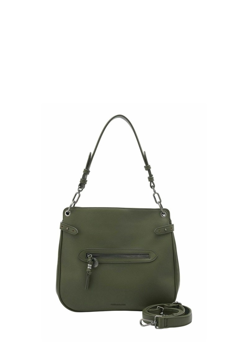 Sac à bandoulière en cuir vert olive avec une poche avant zippée, une sangle réglable et une texture lisse. Équipé d'accents en matériel métallique.