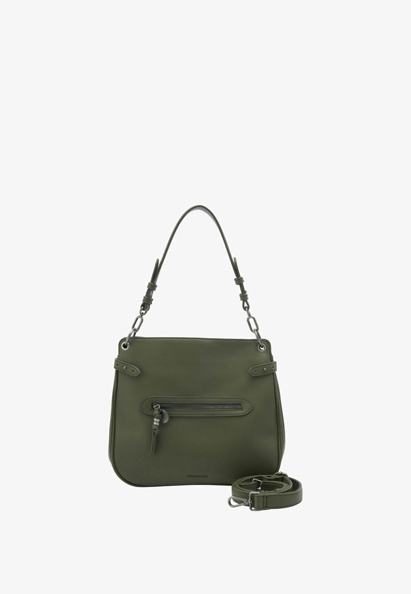 Sac à bandoulière en cuir vert olive avec une poche avant zippée, une sangle réglable et une texture lisse. Équipé d'accents en matériel métallique.