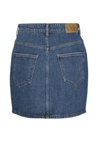 Denim svārki ar klasisku A-veida formu, tumši zila krāsa, divas aizmugurējās kabatas un ādas zīmola plāksne uz jostas.