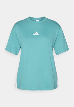 Tirkīza kokvilnas T-kreklis ar īsām piedurknēm, apaļu kakla izgriezumu un baltu Adidas logo uz krūšu daļas. Sānu akcenti ar baltām svītrām.