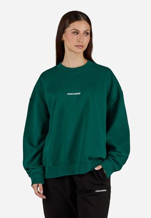 Felpa verde oversize con collo a giro d'anca ribattuto, caratterizzata dal logo bianco "PEGADOR" sul petto. Il tessuto morbido e il taglio rilassato aumentano il comfort.