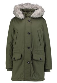 Khaki zelená parka bunda s kapucí z umělé kožešiny, patentními knoflíky, dvěma předními kapsami a žebrovanými manžetami pro teplo a pohodlí.