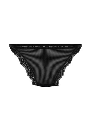 Schwarze Panties mit Spitzenbordüre und vertikalen Streifen, aus weichem Material, mit elastischem Taillenbund und detaillierten floralen Spitzenakzenten an den Seiten.