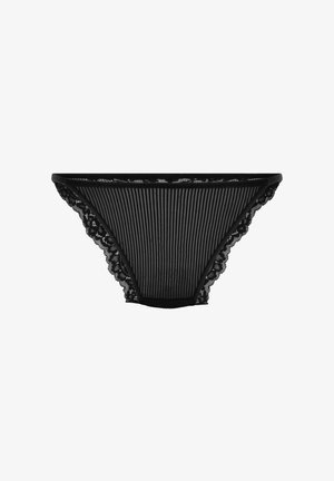 Schwarze Panties mit Spitzenbordüre und vertikalen Streifen, aus weichem Material, mit elastischem Taillenbund und detaillierten floralen Spitzenakzenten an den Seiten.